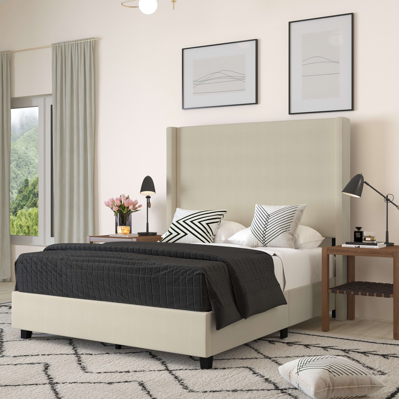 Merrick Lane Bramlett Modern Platform Bed - Gray Faux Linen - Queen - Padded Wingback Headboard - 6" Floor Clearance - Wood Support Slats - No Box Spring Needed